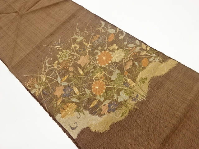 JAPANESE NAGOYA OBI / TSUMUGI / WOVEN AUTUMN FLOWERS